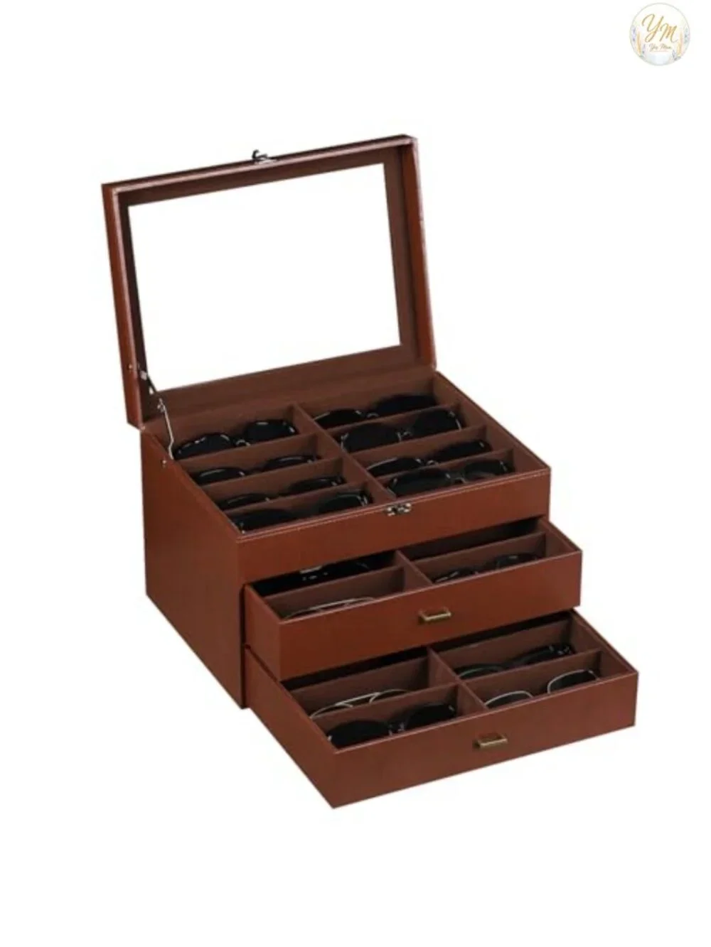 Faux Leather Eyeglass Case with 24 Compartments and Lock, Sunglasses Organizer